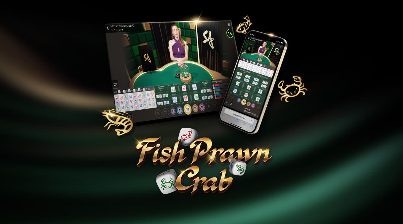 Fish Prawn Crab in Gold letters accompanied by desktop and mobile interface of the online casino game with live dealer.