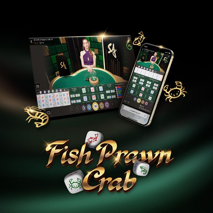 Fish Prawn Crab in Gold letters accompanied by desktop and mobile interface of the online casino game with live dealer.