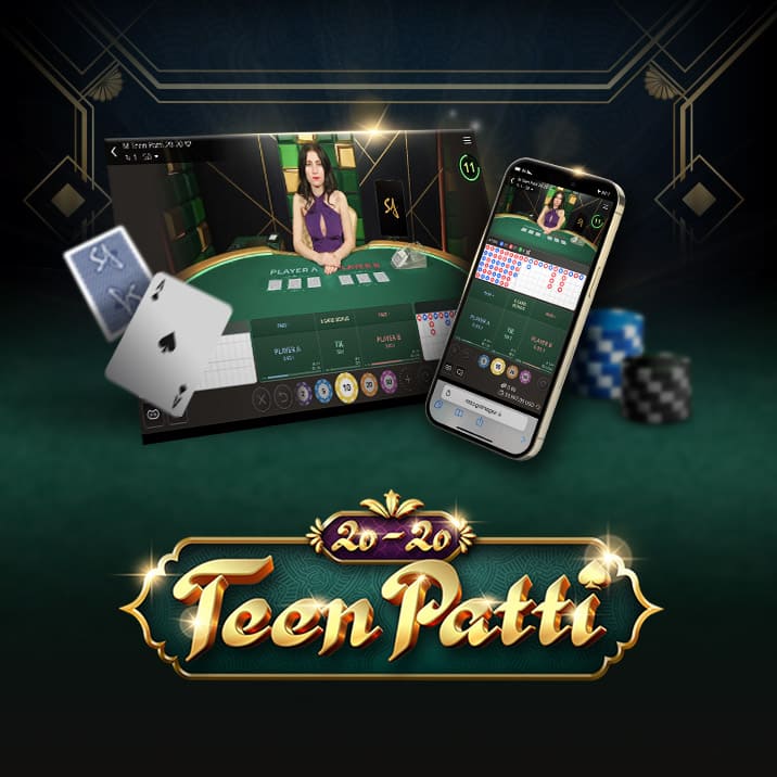 Image for an online Teen Patti game featuring a dealer at a gaming table on the left and a mobile interface on the right. The text 'TEEN PATTI' is prominently displayed at the bottom, accompanied by playing cards and colorful poker chips.
